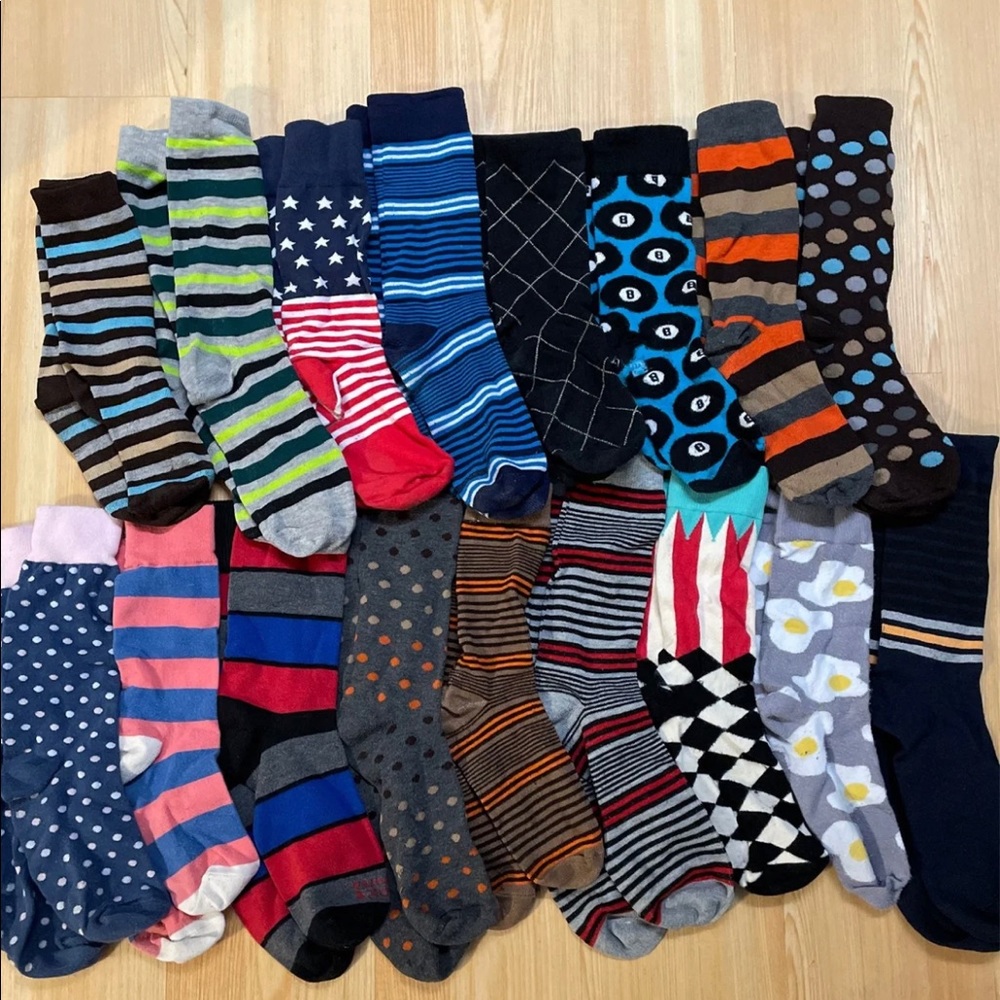 17 pairs of socks, various colors